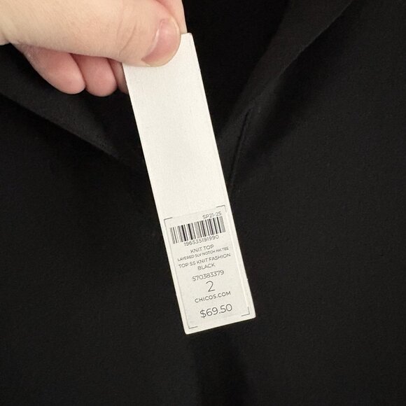 Chicos Women Sz 2 US L Black Notched Neckline Jersey Satin Tiered-Sleeve Tee NWT - Picture 11 of 13